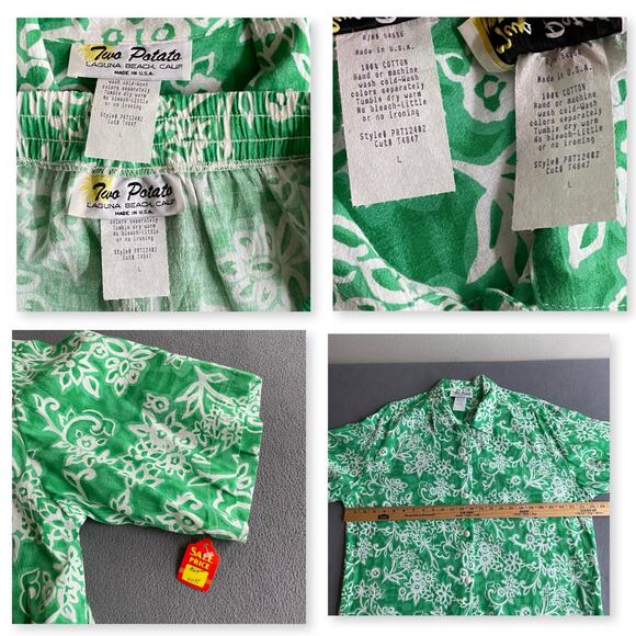 Vtg NOS 80s 90s Two Potato Resort Wear Button Down Shirt + Shorts Set L Green - Picture 8 of 9